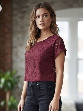 MATERIAL GIRL Red Lace Cropped Top with Short Sleeves and Brass Zipper